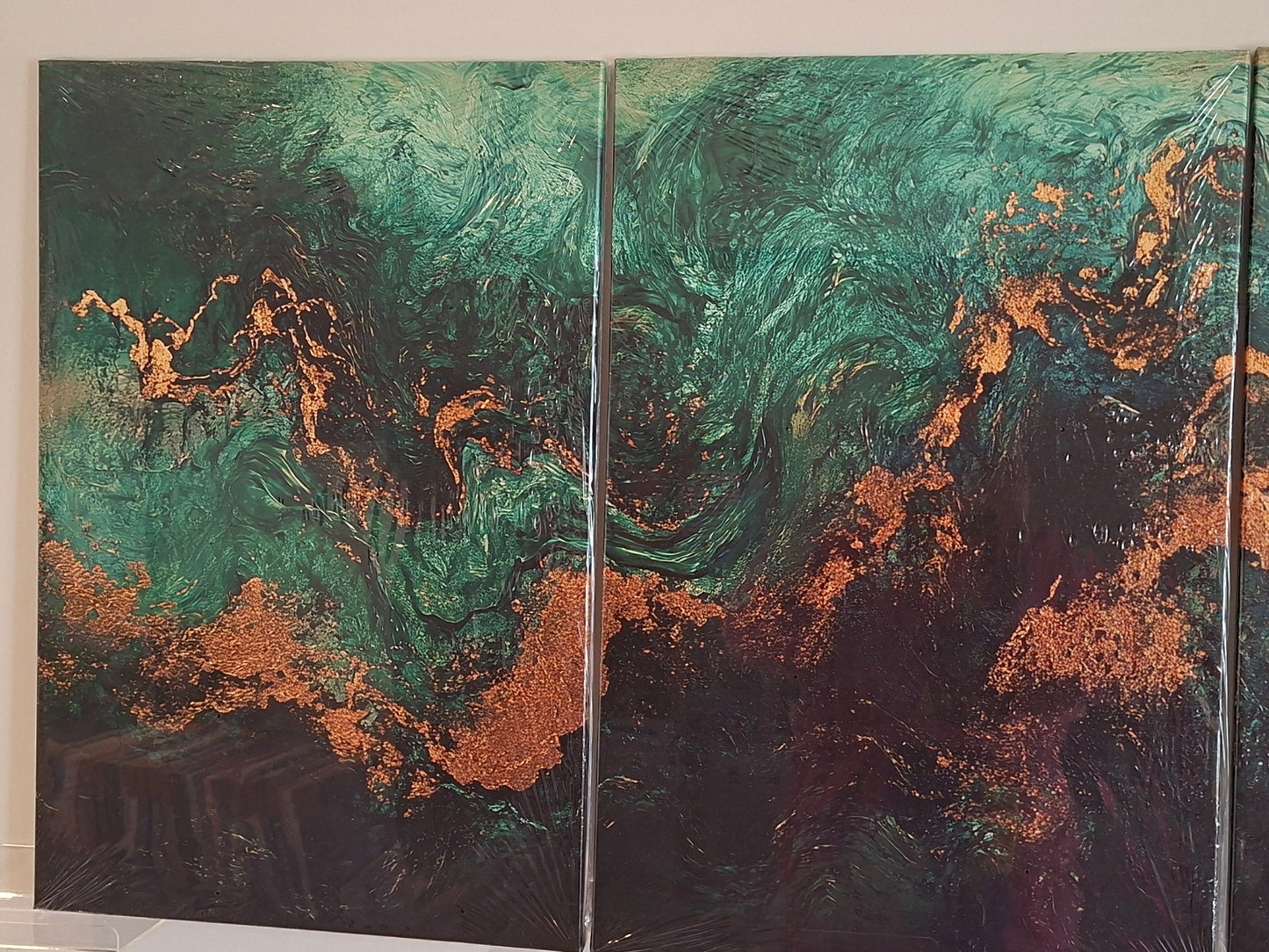 Emerald Green & Gold Fluid Abstract Canvas Wall Art Set