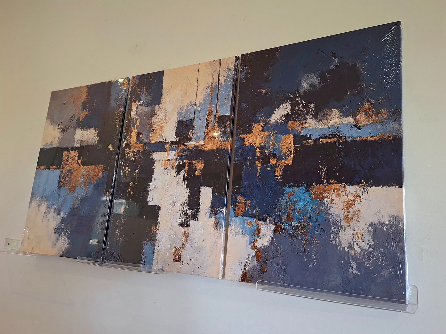 Blue Geometric & Gold Abstract Wall Art Set