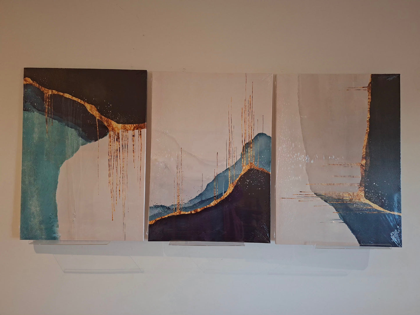 Modern Abstract Blue and Gold Canvas Wall Art Set