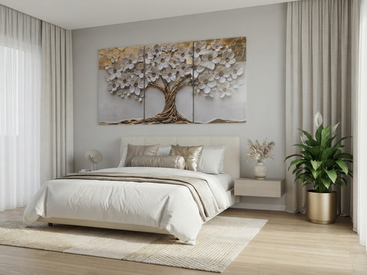 Abstract Tree of Life Wall Art – Modern Floral Gold Accent Décor