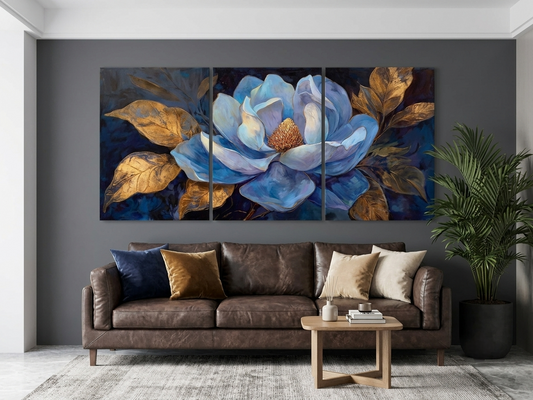 Stunning Blue Flower & Gold Leaf Canvas Print Wall Art Set