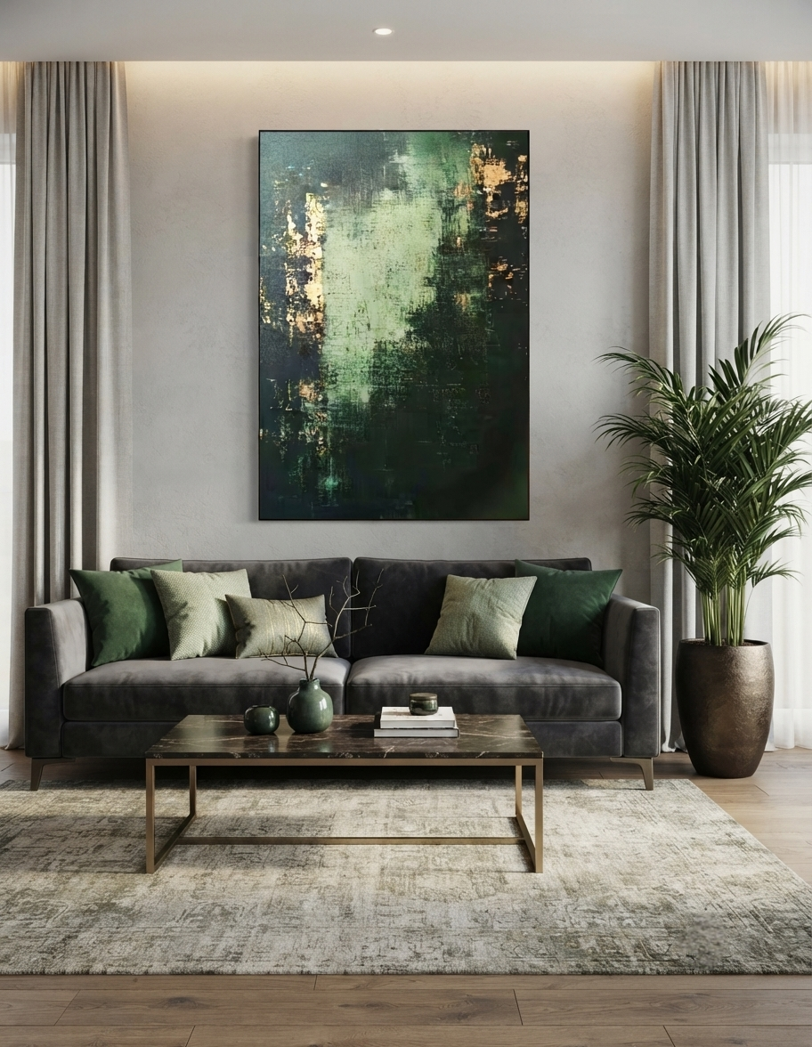 Hand-Painted Green & Gold Abstract Oil Painting – Textured Minimalist Nordic Wall Art