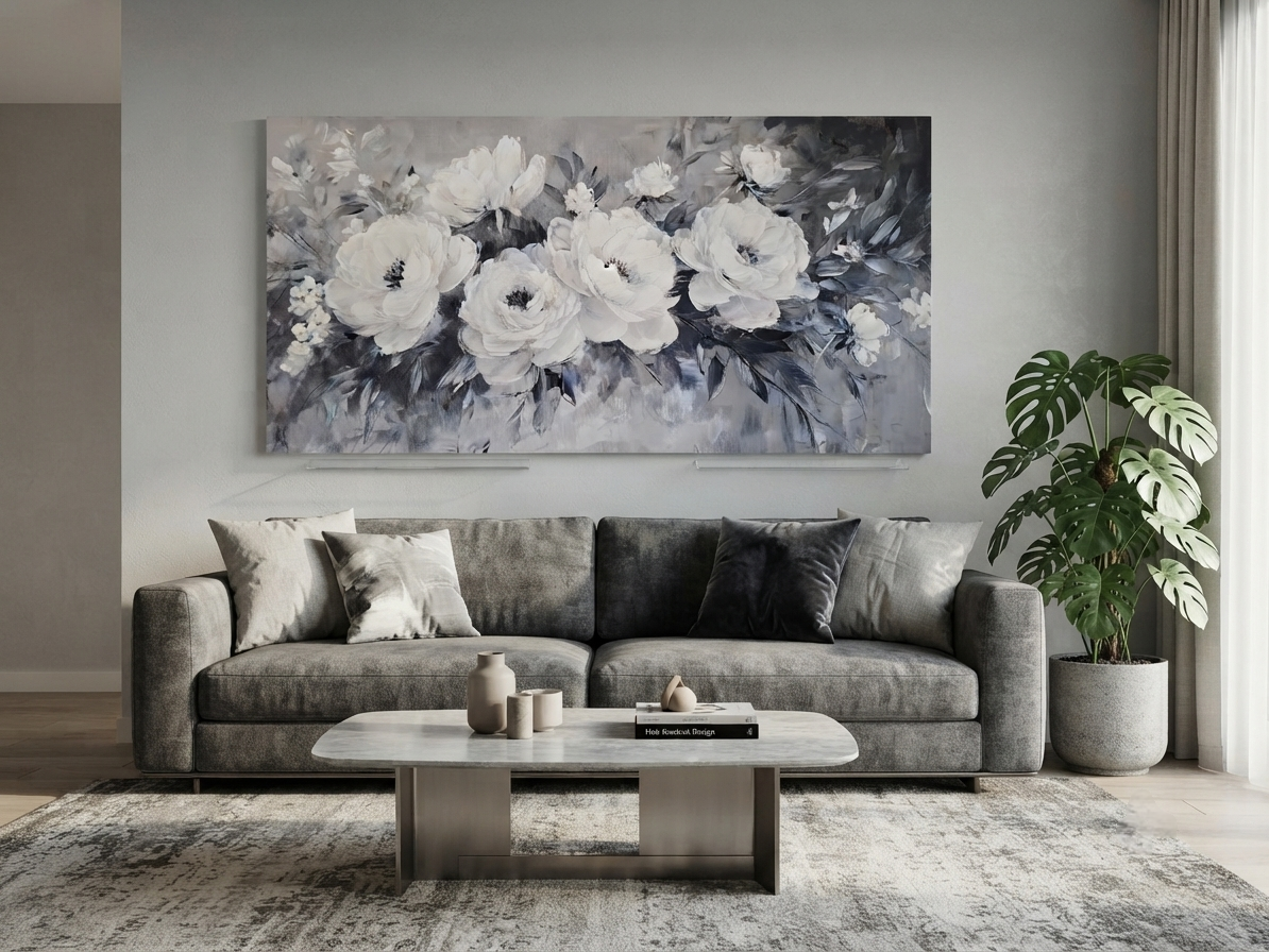 Blooming Rose Design in Black And White Tones Canvas Print