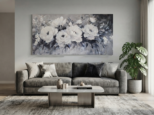 Blooming Rose Design in Black And White Tones Canvas Print
