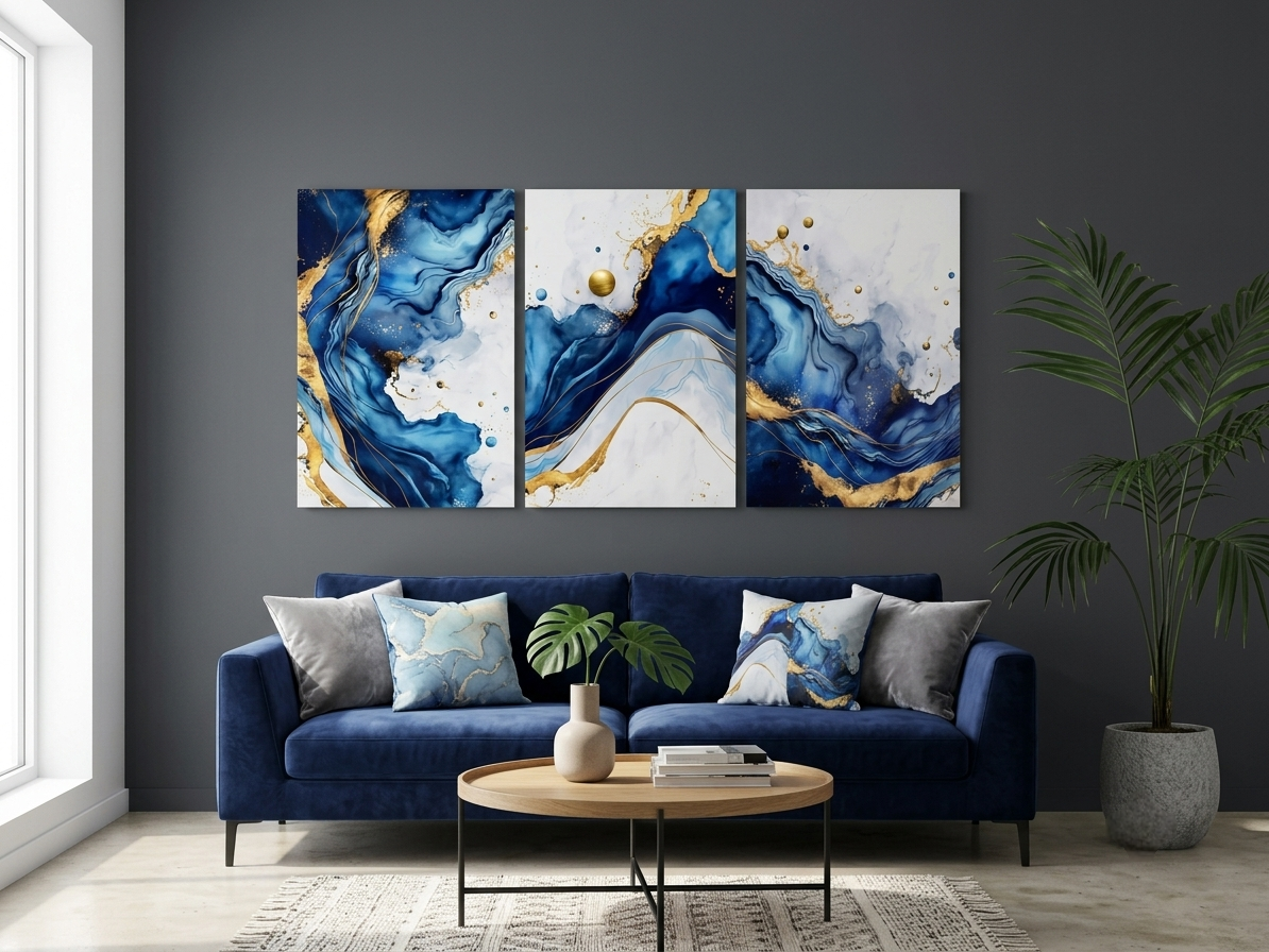Blue & Gold Abstract Marble Wall Art Set