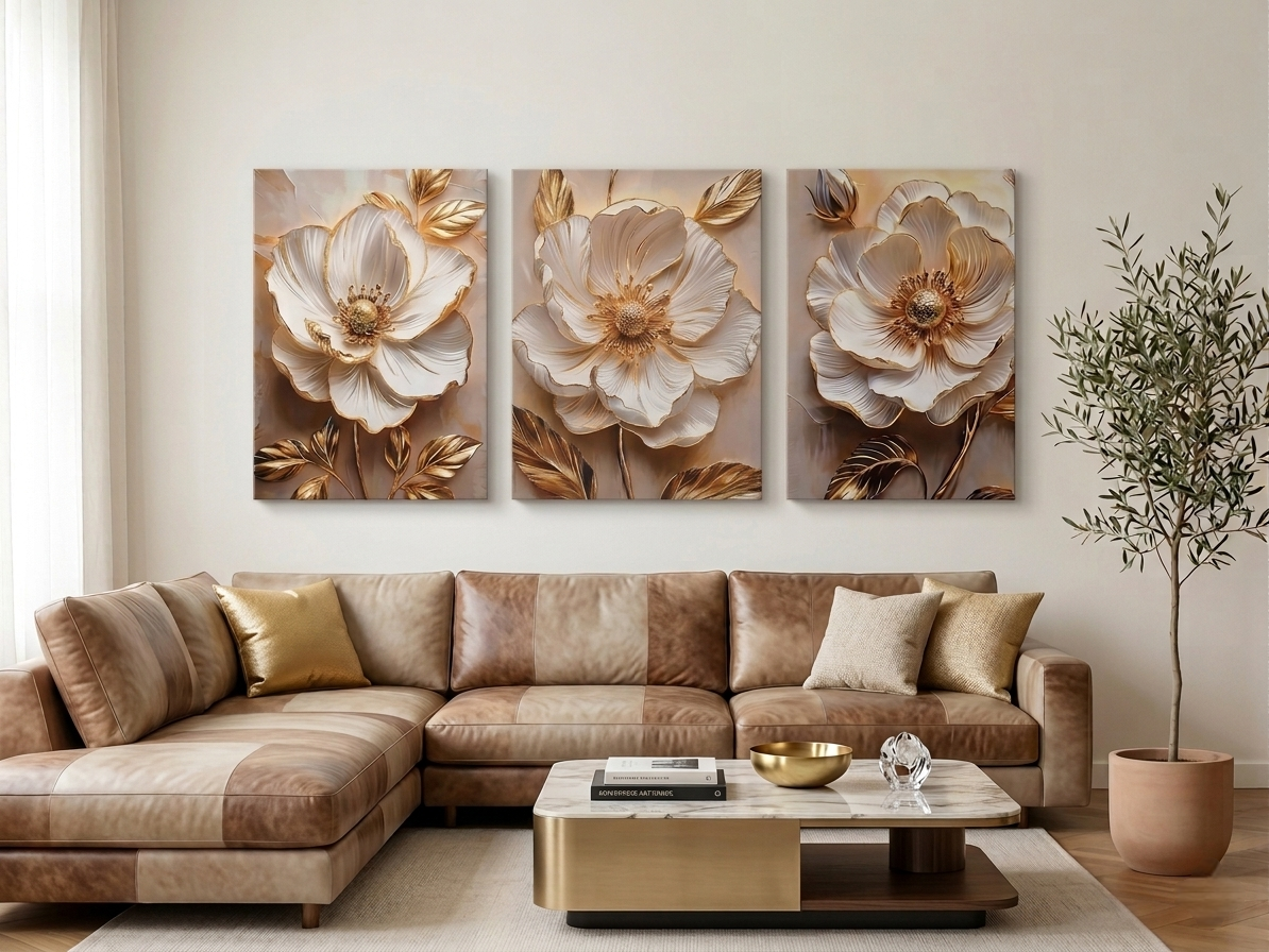 White Floral with Gold Leaf Canvas Wall Art Set