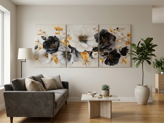 Black, White & Gold Floral Wall Art - 3pcs Set