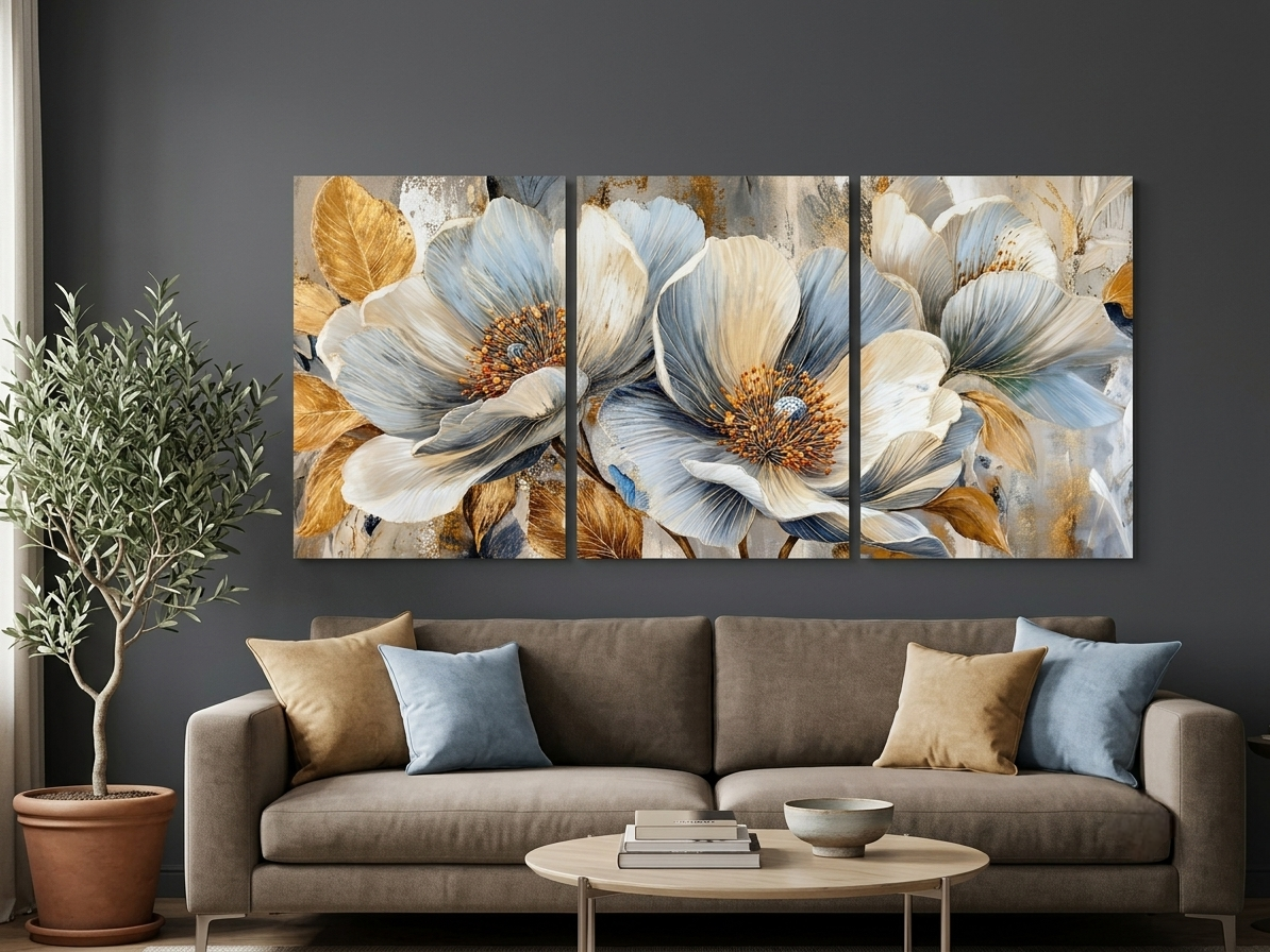 Elegant Blue Floral Canvas Wall Art – Gold Accent Modern Botanical Print