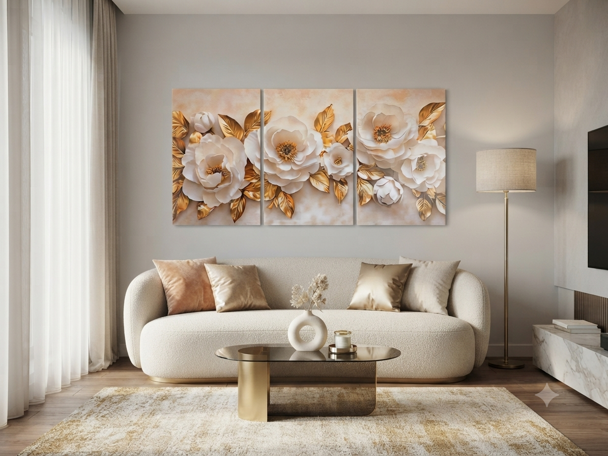Modern White & Gold Floral Canvas Wall Art – Elegant Home Décor Set