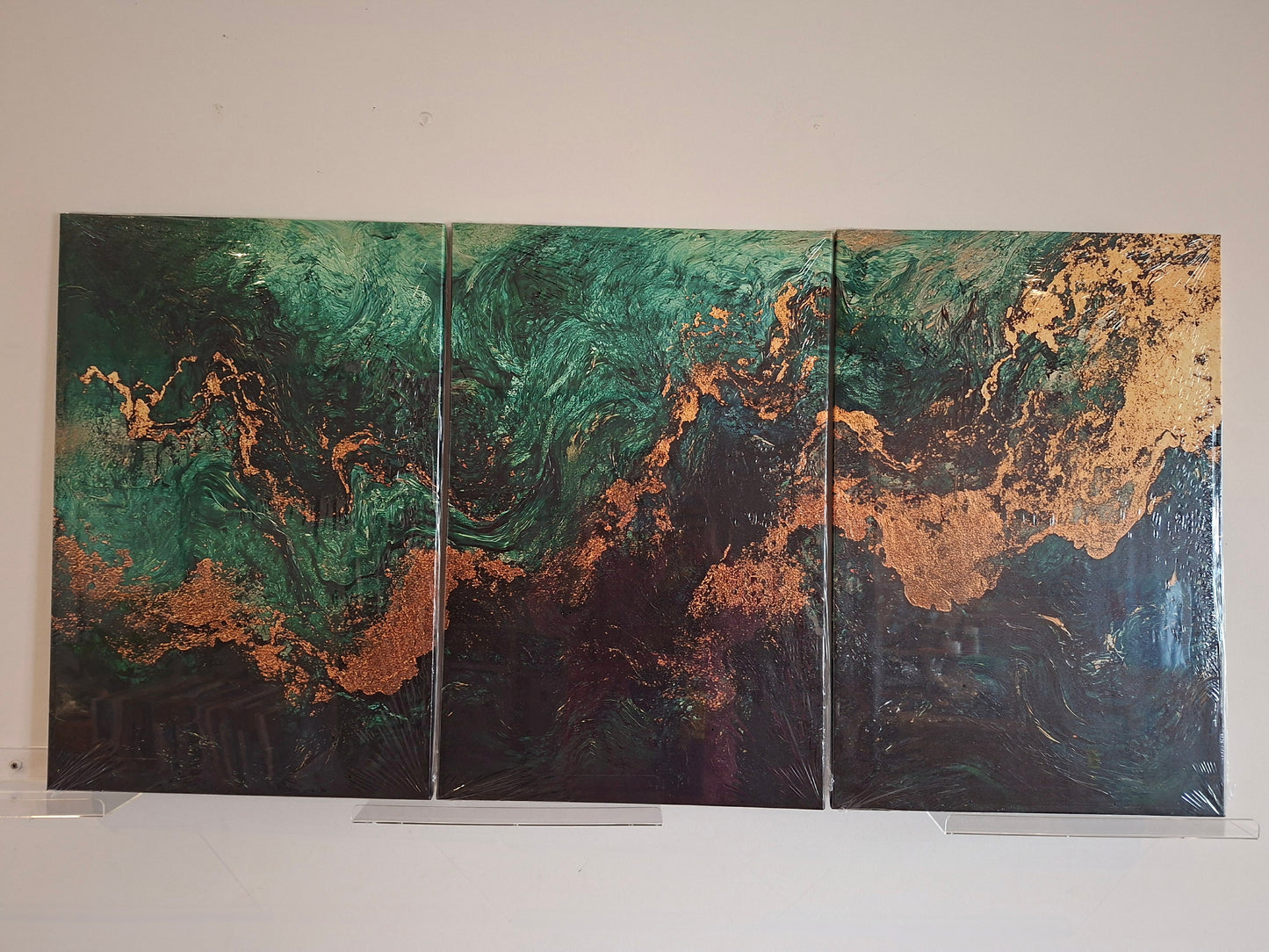 Emerald Green & Gold Fluid Abstract Canvas Wall Art Set