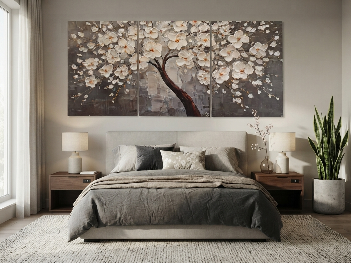 White Blossom Tree Canvas Wall Art – Grey Modern Elegance Décor