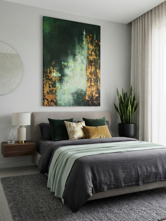 Hand-Painted Green & Gold Abstract Oil Painting – Textured Minimalist Nordic Wall Art