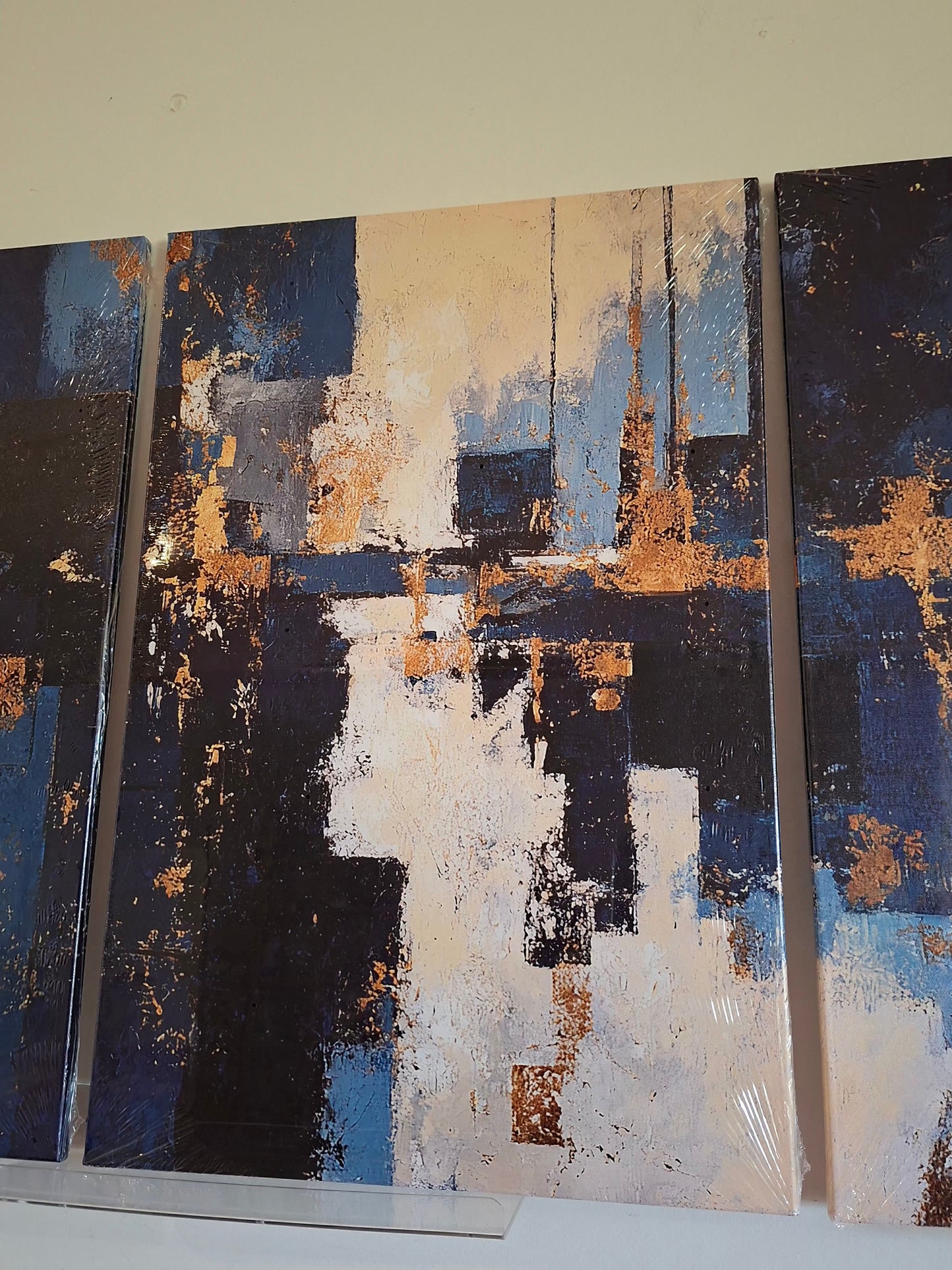 Blue Geometric & Gold Abstract Wall Art Set