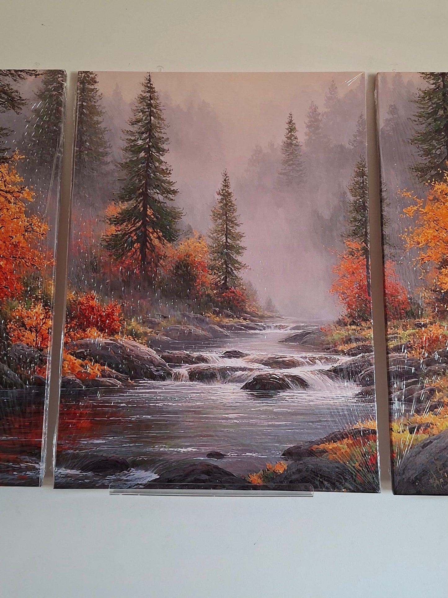 Autumn Landscape Wall Art – Misty Forest & Waterfall Canvas Set