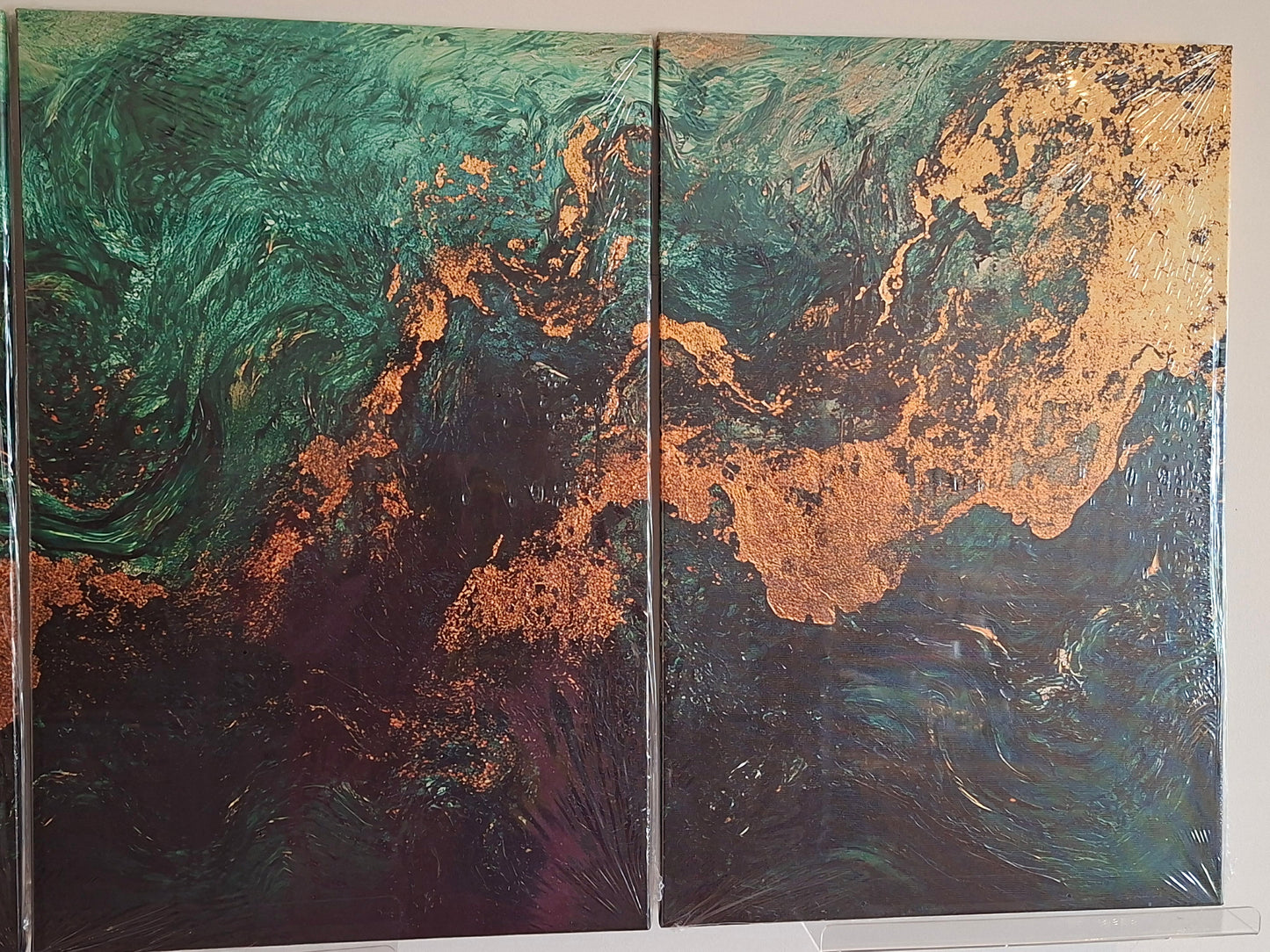 Emerald Green & Gold Fluid Abstract Canvas Wall Art Set