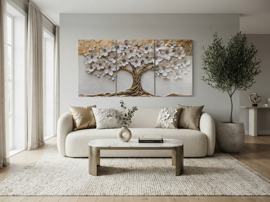 Abstract Tree of Life Wall Art – Modern Floral Gold Accent Décor