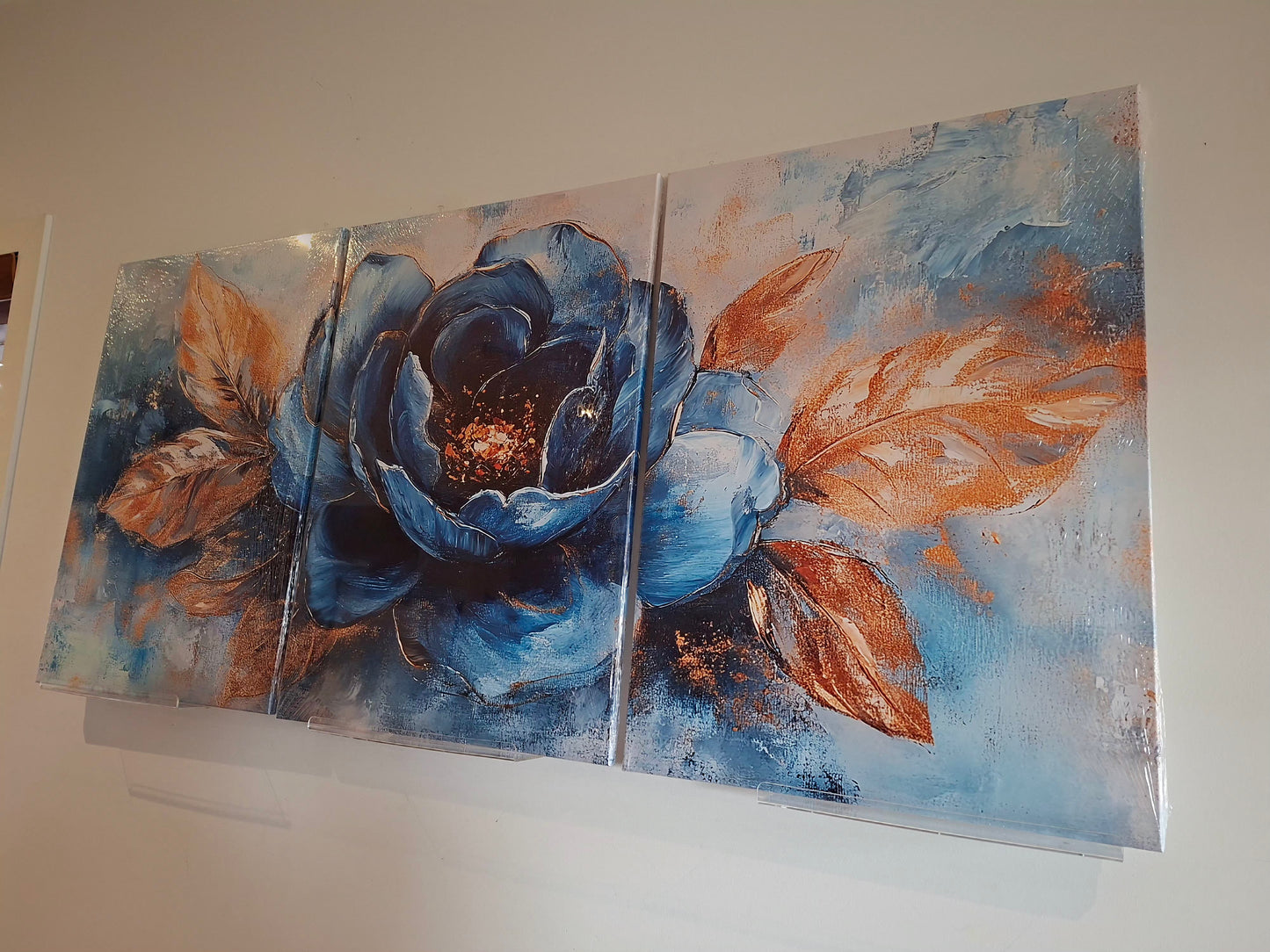 Golden Leaves & Blue Blossom Canvas Wall Art – Luxe Romantic Décor