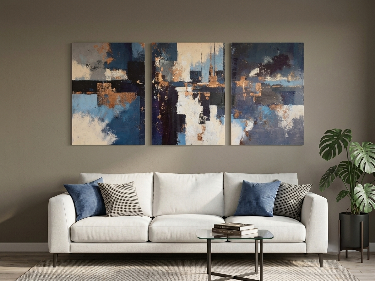 Blue Geometric & Gold Abstract Wall Art Set