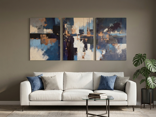 Blue Geometric & Gold Abstract Wall Art Set