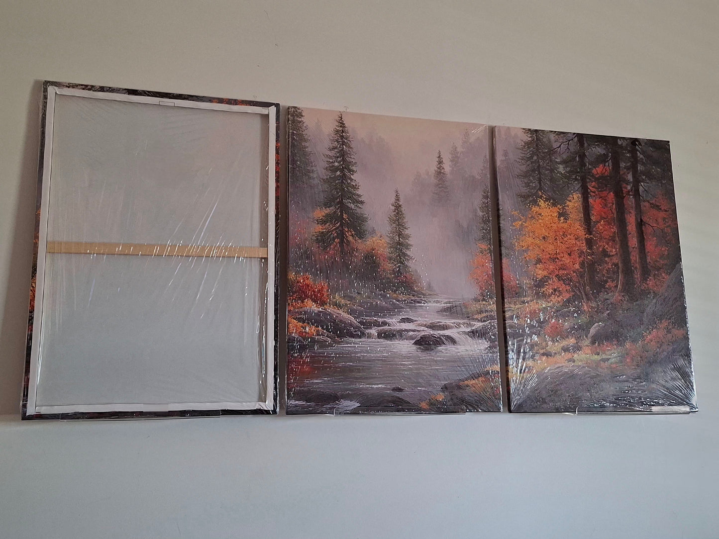 Autumn Landscape Wall Art – Misty Forest & Waterfall Canvas Set