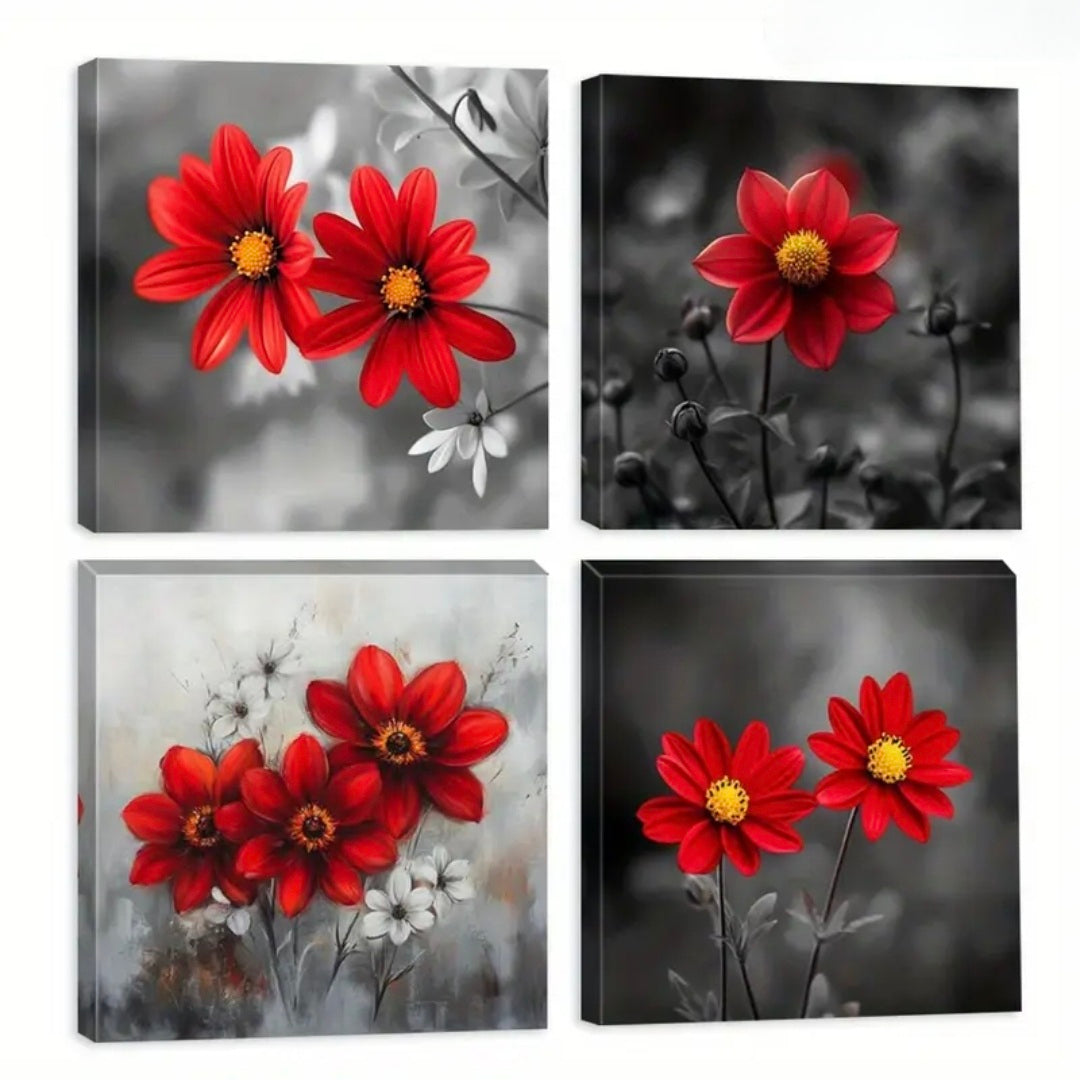 Vibrant Red Bloom Canvas Wall Art Set