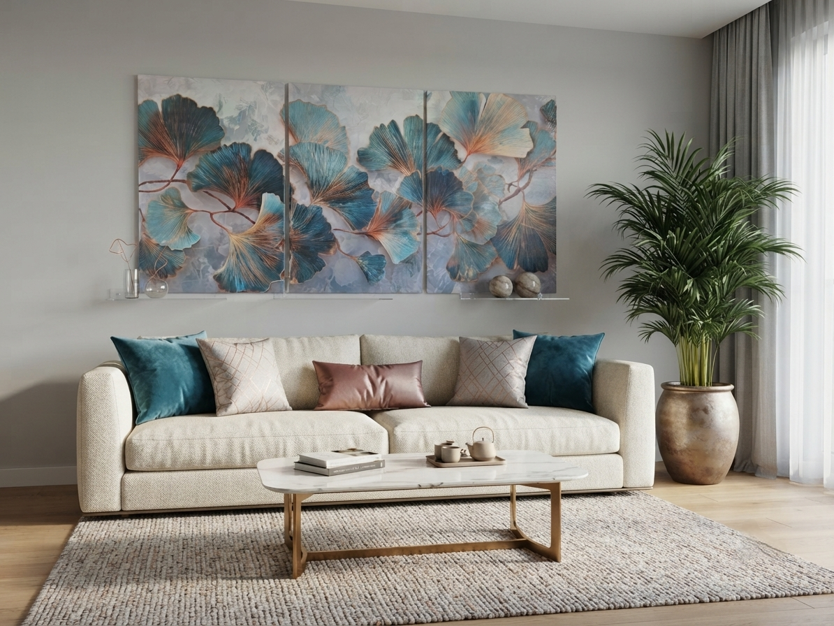 Teal & Gold Botanical Canvas Wall Art – Modern Leaf Elegance Décor