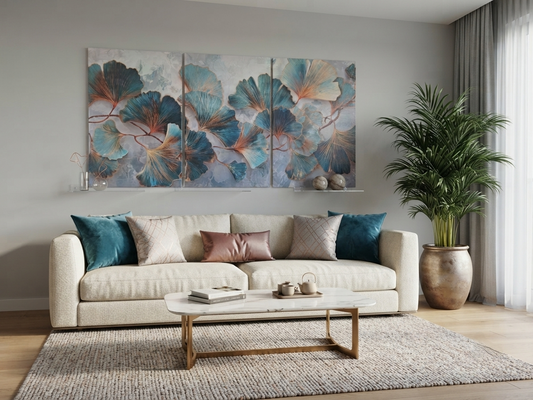 Teal & Gold Botanical Canvas Wall Art – Modern Leaf Elegance Décor
