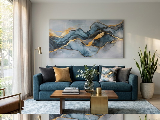 Blue & Gold Marble Abstract Canvas Print Wall Art