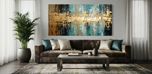 Hand-Painted Blue, White & Gold Abstract Oil Painting – Textured Modern Minimalist Wall Art