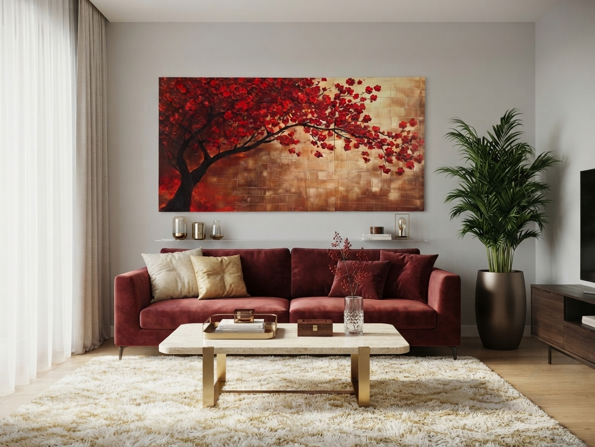 Red Starry Watercolor Tree Canvas Wall Art – Abstract Modern Décor