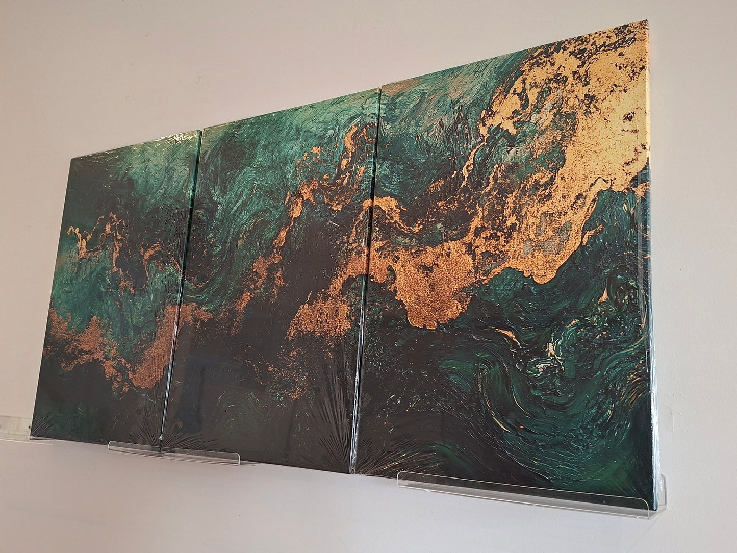Emerald Green & Gold Fluid Abstract Canvas Wall Art Set