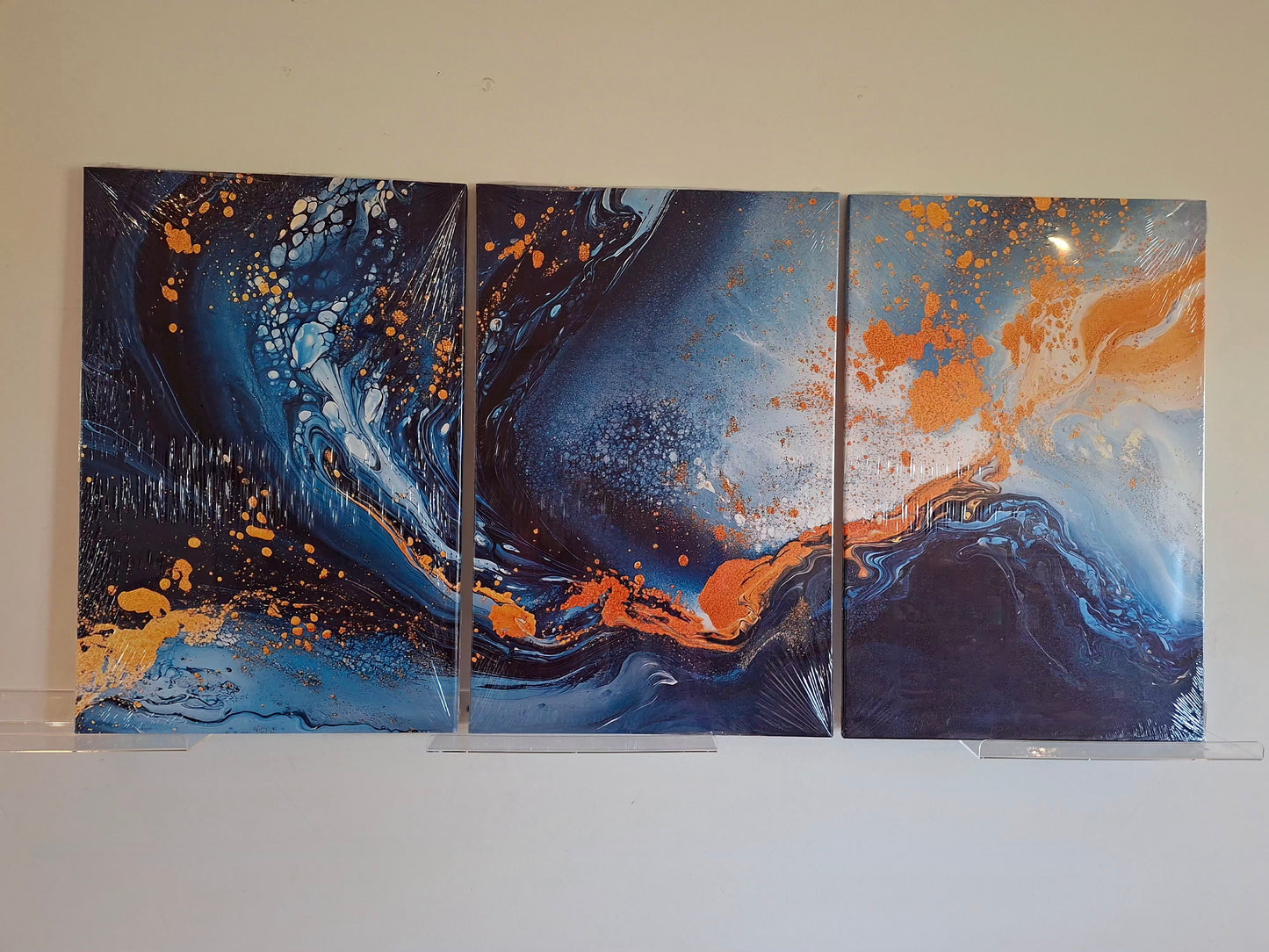 Blue Ripple & Gold Abstract Wall Art Set