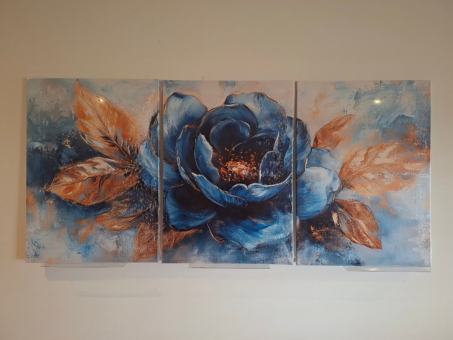 Golden Leaves & Blue Blossom Canvas Wall Art – Luxe Romantic Décor