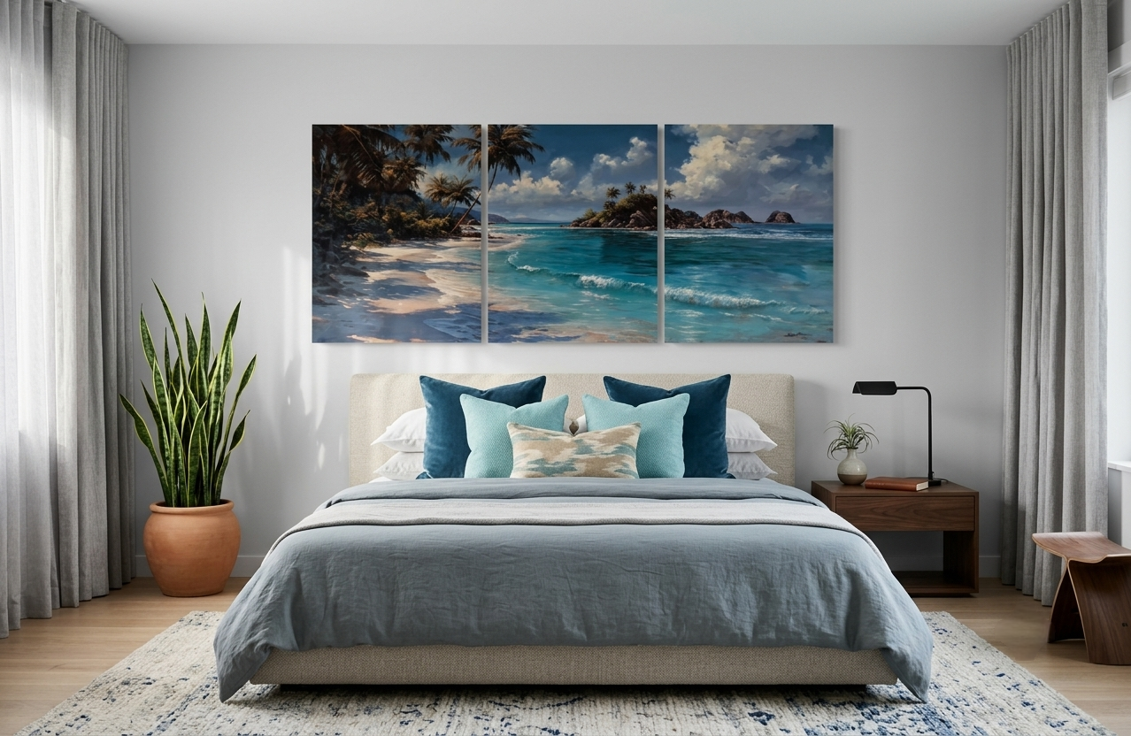 Tropical Beach Wall Art – Palm Trees & Ocean Waves Canvas Set