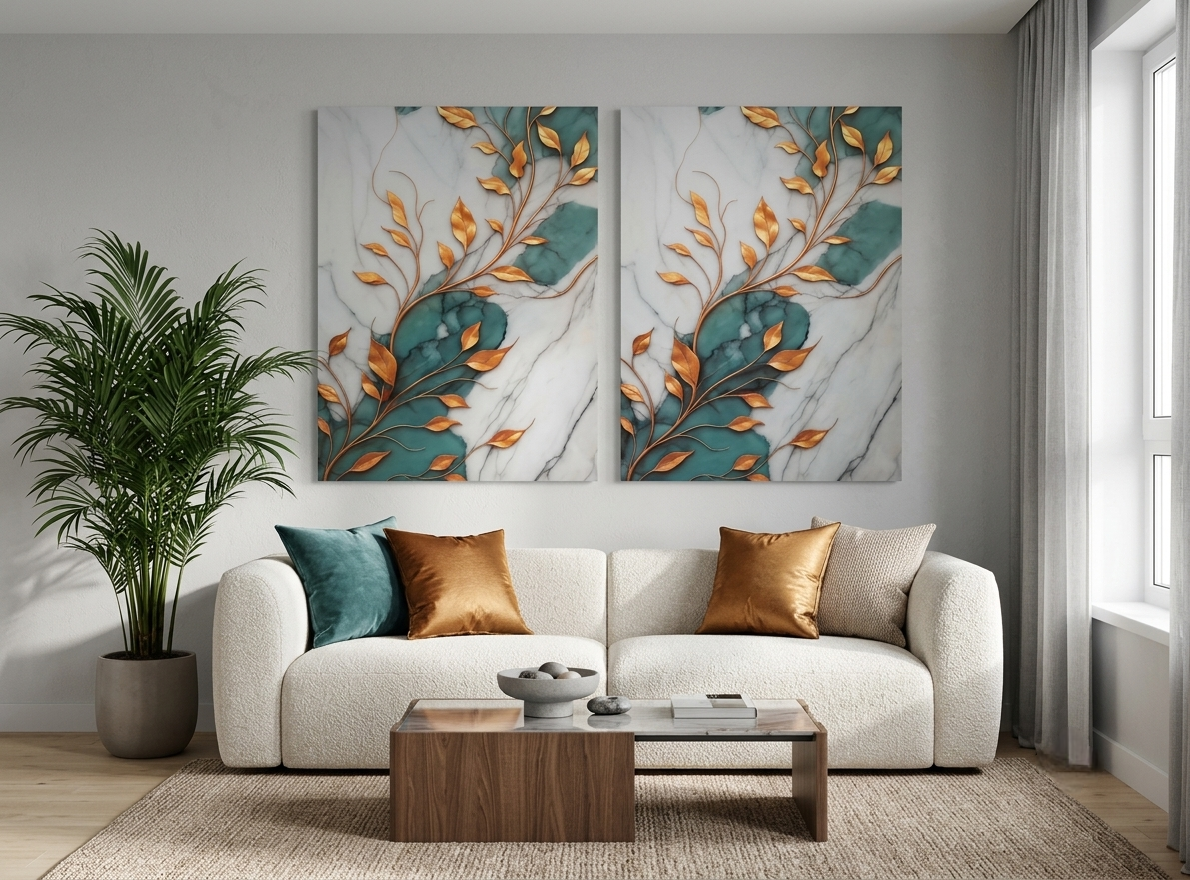 Green Marble & Gold Abstract Wall Art – Modern Minimalist Canvas Décor