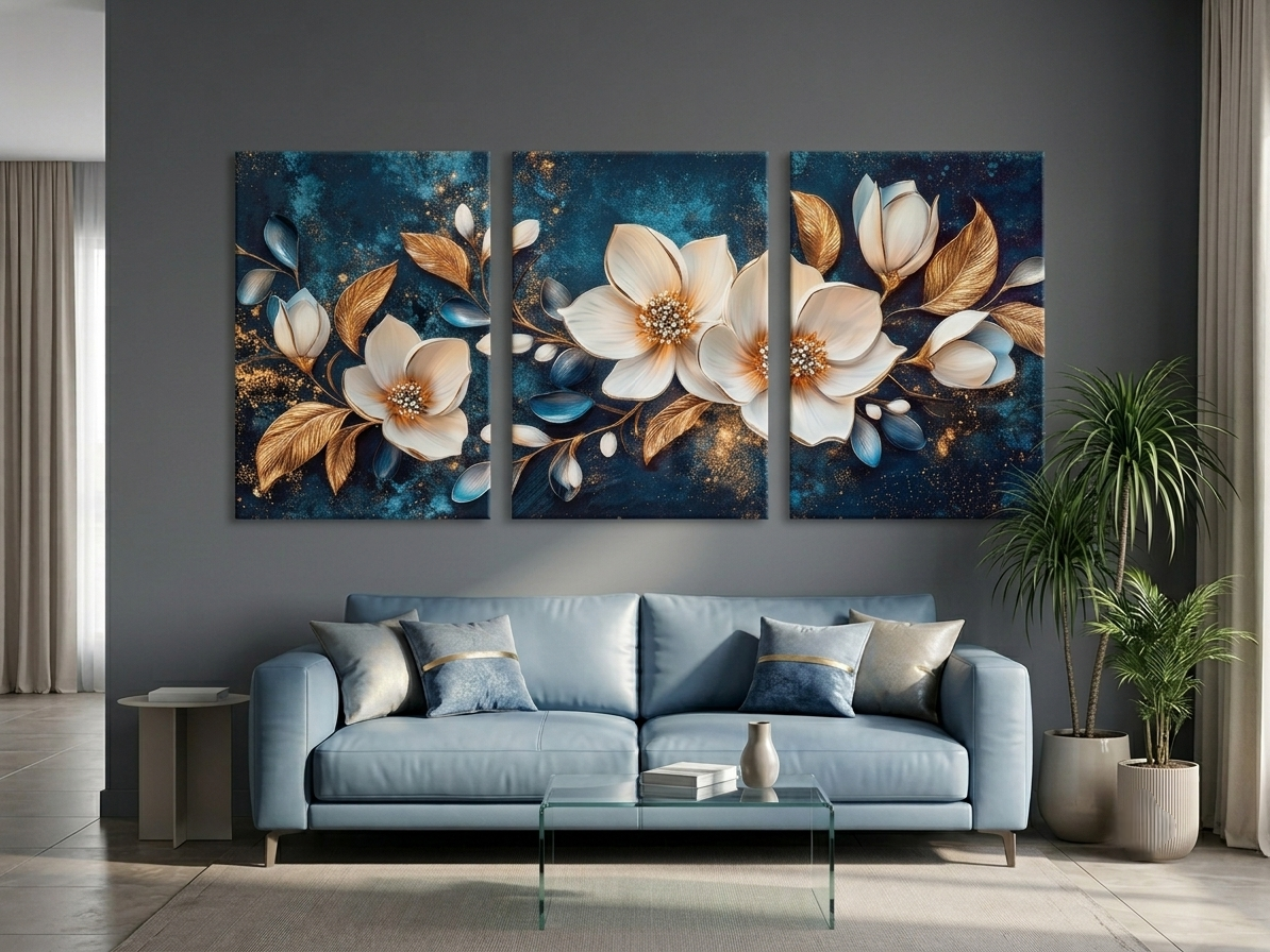 Blue Floral Gold Accent Wall Art Set