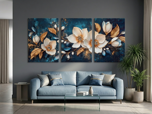 Blue Floral Gold Accent Wall Art Set
