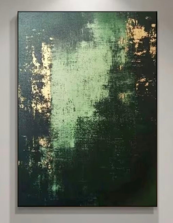Hand-Painted Green & Gold Abstract Oil Painting – Textured Minimalist Nordic Wall Art