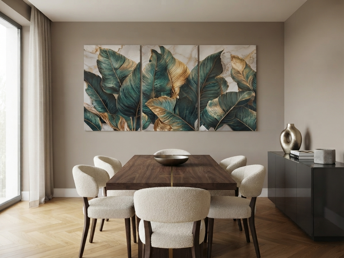 Tropical Monstera & Palm Wall Art – Green & Gold Luxury Botanical Canvas Set