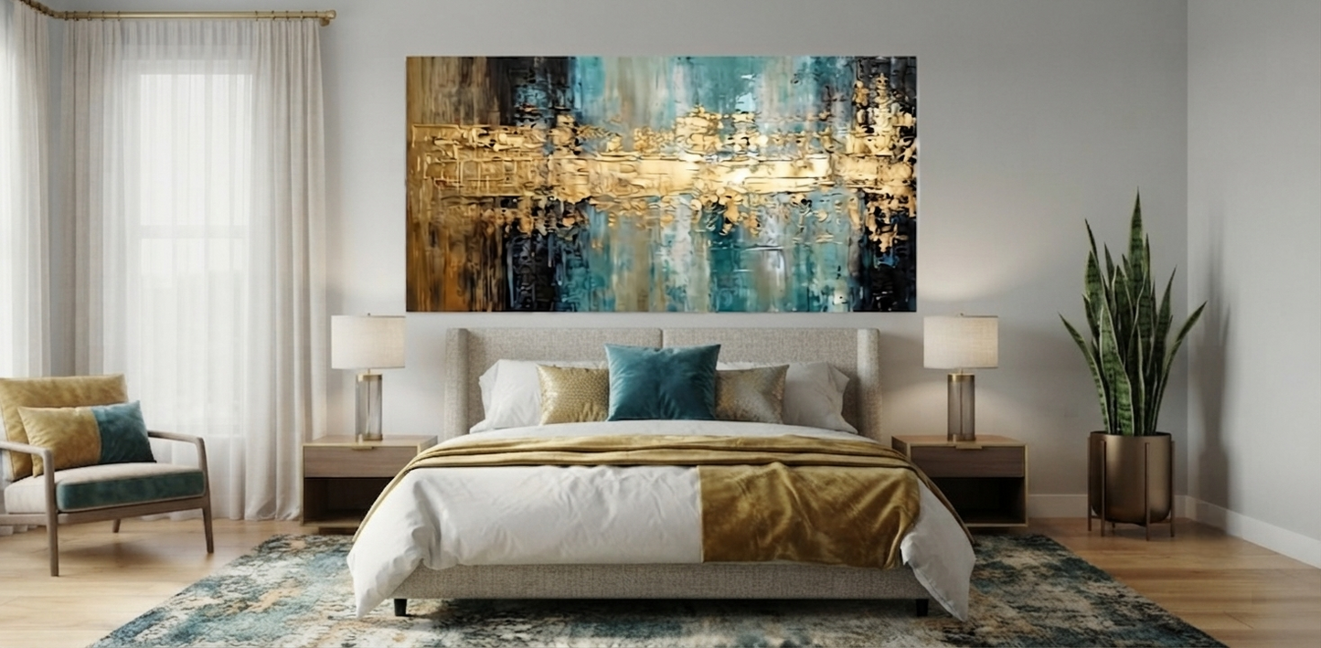 Hand-Painted Blue, White & Gold Abstract Oil Painting – Textured Modern Minimalist Wall Art