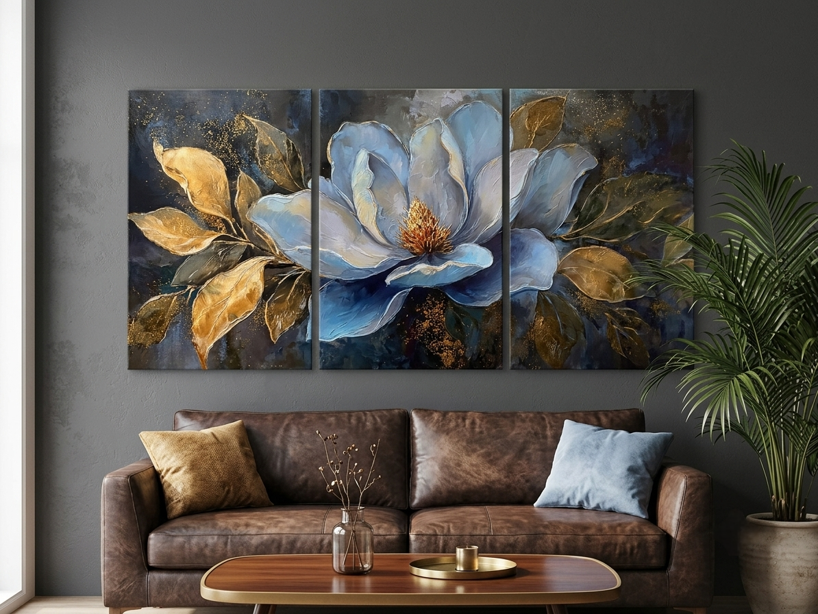 Blue Flower Modern Botanical Canvas Wall Art Print 3pcs Set