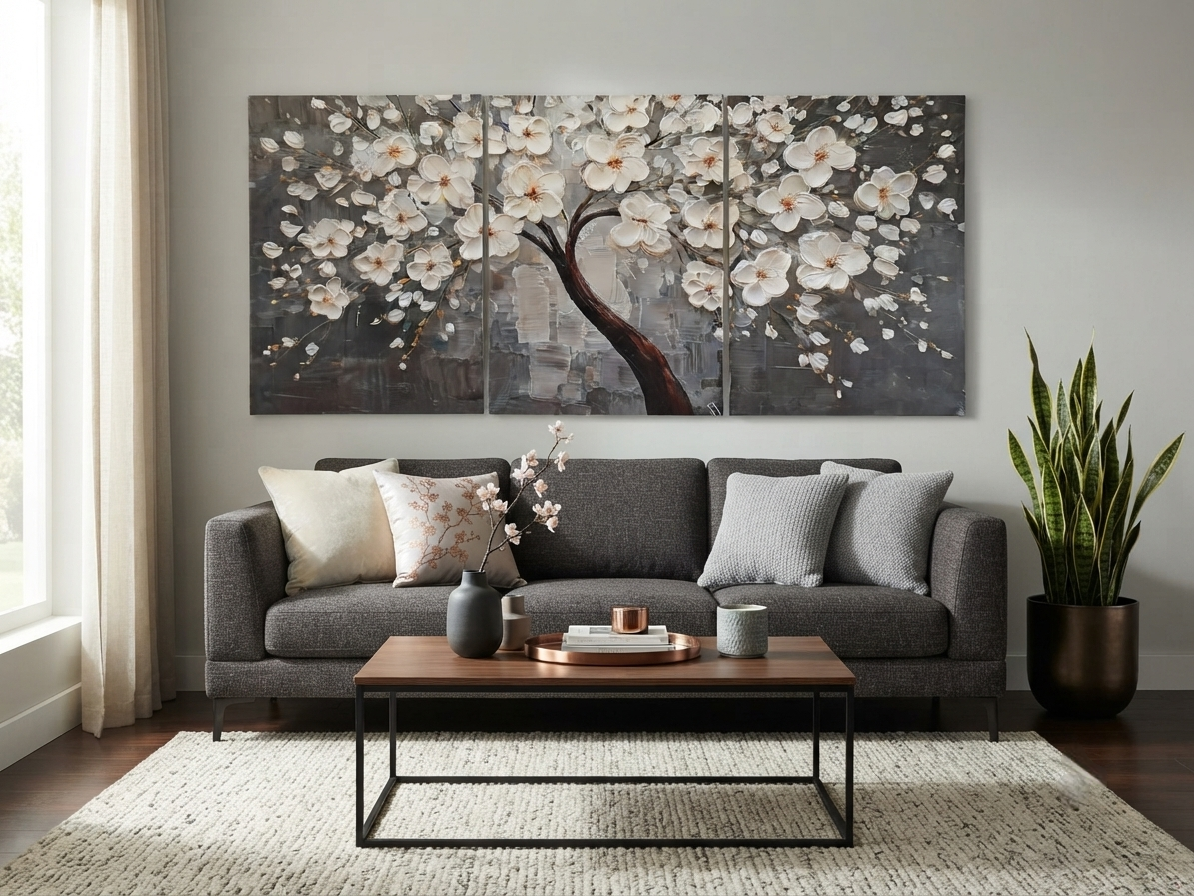 White Blossom Tree Canvas Wall Art – Grey Modern Elegance Décor