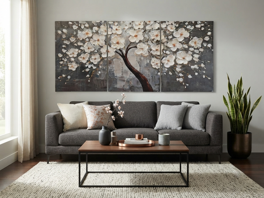 White Blossom Tree Canvas Wall Art – Grey Modern Elegance Décor