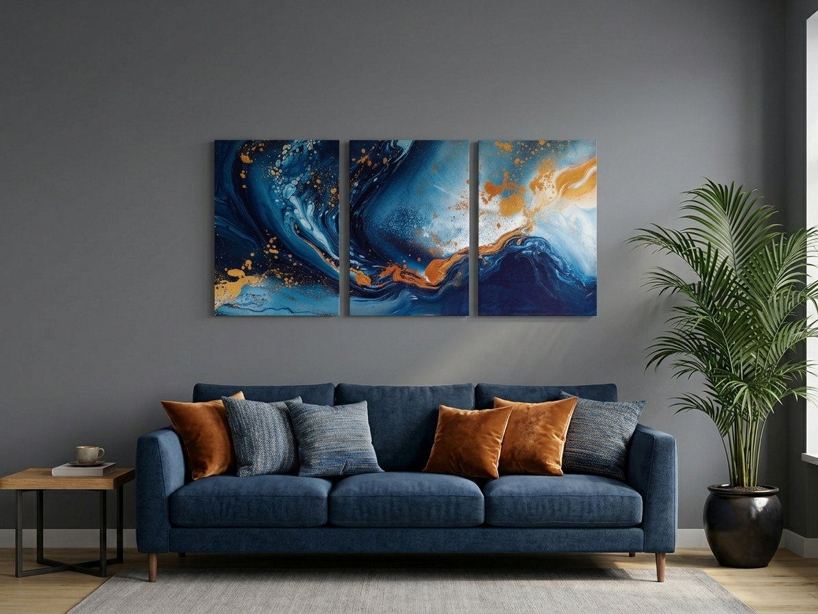Blue Ripple & Gold Abstract Wall Art Set