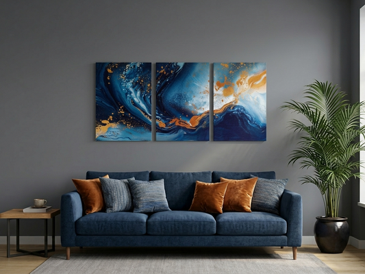 Blue Ripple & Gold Abstract Wall Art Set
