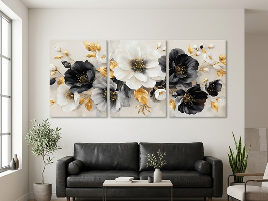 Black, White & Gold Floral Wall Art - 3pcs Set