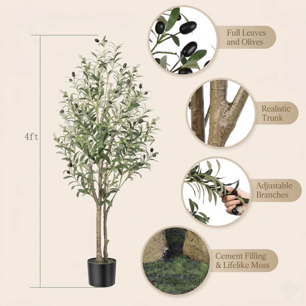 Artificial Olive Tree with Natural Wood Trunk & Lifelike Fruits - Indoor Décor