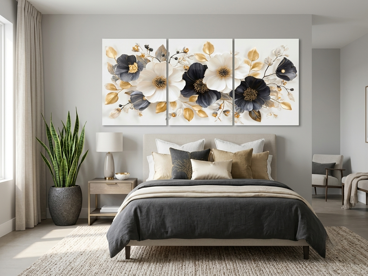 Sophisticated Monochrome Floral with Gold Highlights Wall Art Set