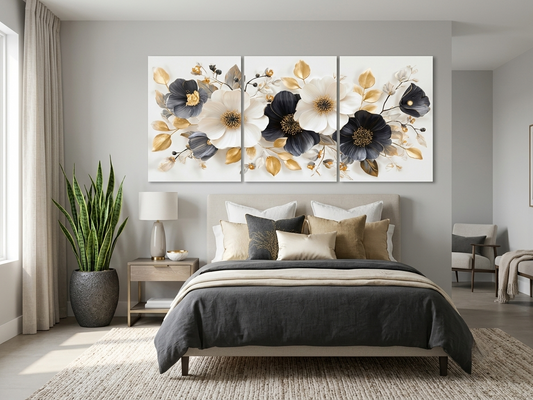 Sophisticated Monochrome Floral with Gold Highlights Wall Art Set