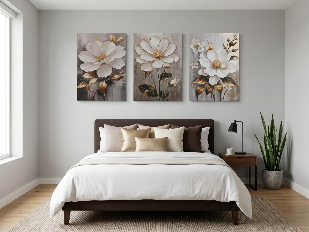 Golden Leaf & White Floral Canvas Print Wall Art